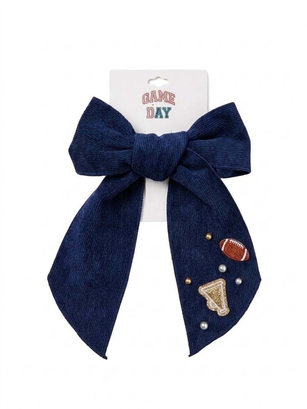 GAME DAY Navy Corduroy Bow Clip with Football Patch & Pearl Accents